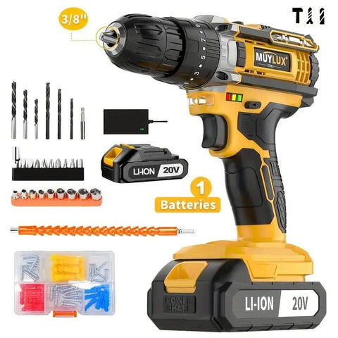 Mean Machine 20V Cordless Drill Driver Set Featuring 3/8 Inch Automatic Spindle Lock Chuck with accessories