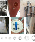 Heavy Duty Stainless Steel Spring Washer Assortment Kit With 360 Rust Resistant Flat Washers and Slick Galvanized Finish shown in various applications.