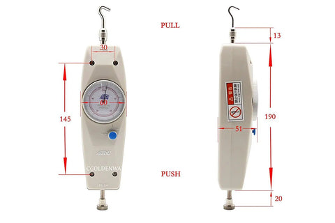 Hella Accurate Handheld Push Pull Force Gauge Tester With Peak Load Memory 500N 50kg Capacity showing front and side view measurements.