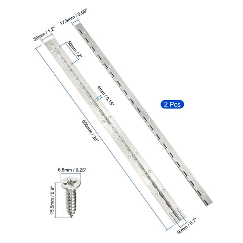 Two Pack 20 Inch Stainless Steel Piano Hinge Full Length Continuous Door Leaf Rock Solid Heavy Duty Cabinet Hardware Rust Resistant Cuttable Custom Fit Ready To Roll with measurements