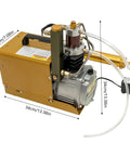 Heavy Duty 4500Psi Electric Air Compressor Pump showing gold and silver design with dimensions for scuba diving use.