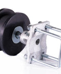 Heavy Duty Nylon Sliding Gate Rollers With 7 Inch Smooth Ride Wheels Designed For 4 Inch Square Posts And 2 Inch Cantilever Chain Link Fence Frames Zero Hassle Setup And Rock Solid Performance close-up of nylon wheel and metal mount.