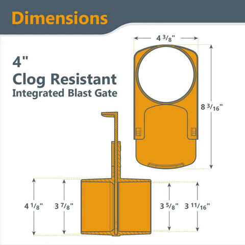4 Inch Integrated Blast Gate With Dust Control Flex Cuff Anti Gap Tapered ABS Plastic Fitting dimensions and details.
