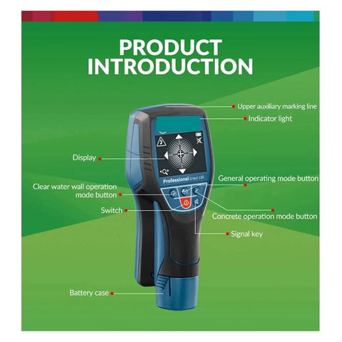 Heavy Duty Stud Finder And Digital Wall Scanner With Tough Built Frame showing display, buttons, and indicators for operation.