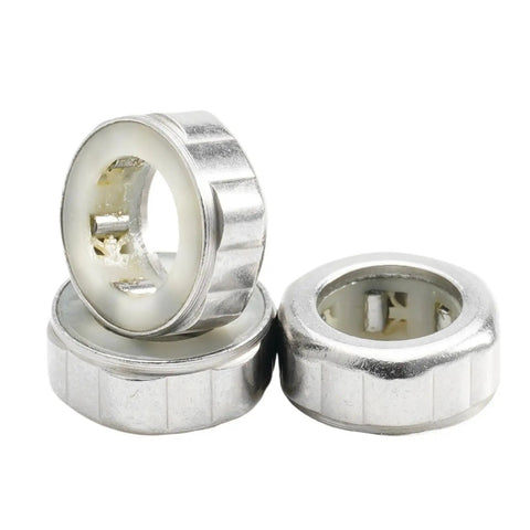 Close-up of Heavy Duty One Way Clutch Needle Roller Bearings, silver metal with white inner, perfect for compact mechanical builds.