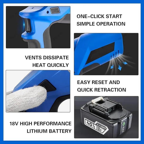 Electric Hydraulic Cable Cutter Cordless Battery-Powered Wire Cutter with 18V battery, vents, and one-click start features.