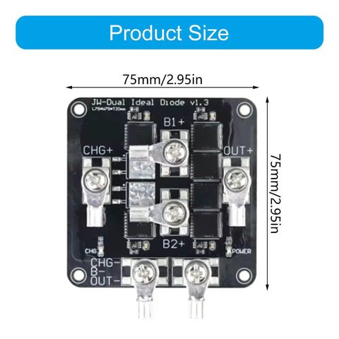 Heavy Hitting 75V 100A Ideal Diode Controller And Battery Isolation Control Board dimensions 75mm by 75mm, showing circuit connections.