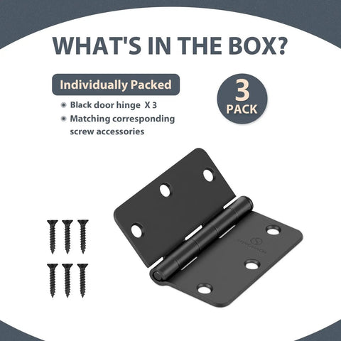 Heavy Duty Interior Door Hinges 3 1/2 Inch Matte Black Solid Steel Design Top Shelf Door Hardware Kit, 3 pack with screws.
