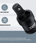 Impact Universal Joint Socket Set, Three Piece Drive Sockets One Half Inch, showing rust and corrosion resistance features.