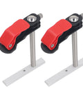 Two Piece Stainless Steel Hold Down Clamps Featuring Slick Quick Release Lever For Bench Dog Tslot Rack, side view with red levers.