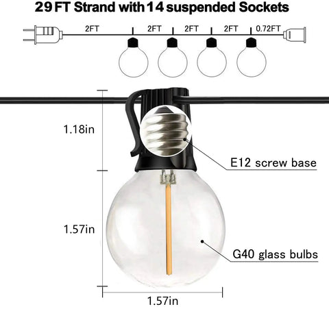 Diagram of Globe Outdoor String Lights 29Ft with 15 Dimmable Plastic Bulbs showing E12 screw base and bulb dimensions.