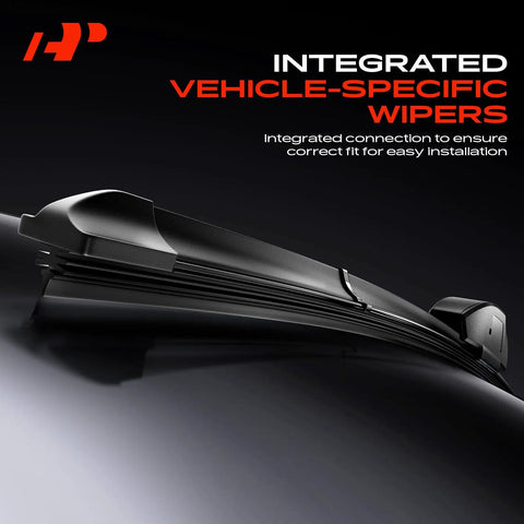 Top Tier 24 And 19 Inch Windshield Wiper Blades With Embedded Wear Indicator Plus Bonus Cleaning Towel, close-up of vehicle-specific wiper.