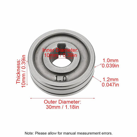 Tough As Nails Bearing Steel V Groove Drive Roller Runs Super Slick For Mig Mag Welders Durable Wear Resistant Universal Upgrade Ditches Wire Jams Fits 0.6 To 0.8 mm Cable Specs detailed view showing measurements and inner outer diameters.