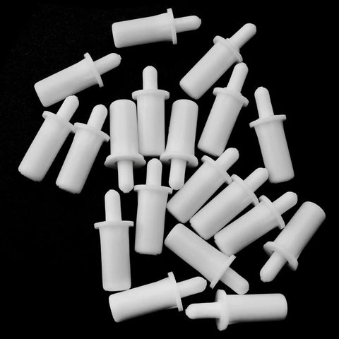 Twenty Piece Collection Of Spring Loaded Shutter Louver Replacement Pins Providing A No Sweat Upgrade For Fast Air Vent Repairs Using Heavy Duty Matte White Plastic Components in white plastic.