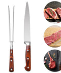 Stainless Steel Barbecue Tool Set With Grilling Fork And Cutter Wood Handle Outdoor BBQ Utensils For Grill Masters And Camping 2 Piece Steak Grill Accessories Kit For Backyard Parties showing fork and cutter with meat cuts