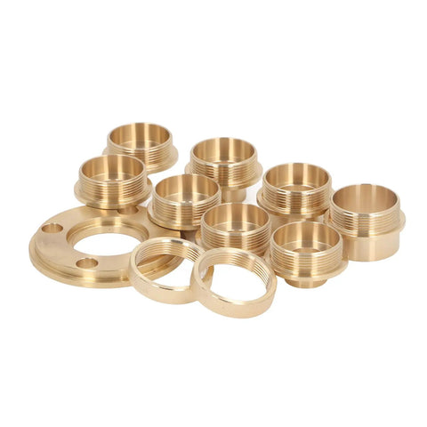 Hella Sturdy Brass Router Template Guide Set With Eleven Precision Bushings Ranging From Ten Mm To Thirty Mm Inner Diameter, showcases brass bushings.