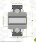 Heavy Duty Ag Bearing With Square Bore Fitment And Spherical Outer Shape For Quick Disc Harrow Tractor Planter Replacement side view with dimensions.