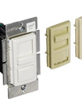 Straight Swap 0 10V LED Dimmer Switch Compatible With Mark 7 Ballasts And Hotels Featuring Ivory And Light Almond Faceplates Dead Easy Install Dual Voltage 120V 277V Wall Plate close-up showing switch and faceplates.