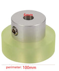 Close-up of 100mm Aluminum Polyurethane Encoder Wheel for Rotary Encoders Pro Grade Workhorse Industrial Measuring Wheel, green and silver