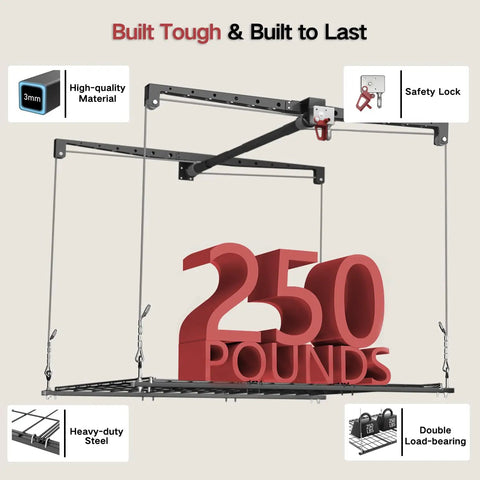 Heavy Duty Overhead Garage Storage Rack For 10 To 12 Ft Ceilings With A Slick Drop Down Release And Rock Solid Safety Locks 4X4 Foot Ceiling Loft Organizer 250 Lb Capacity showing safety lock and capacity detail.