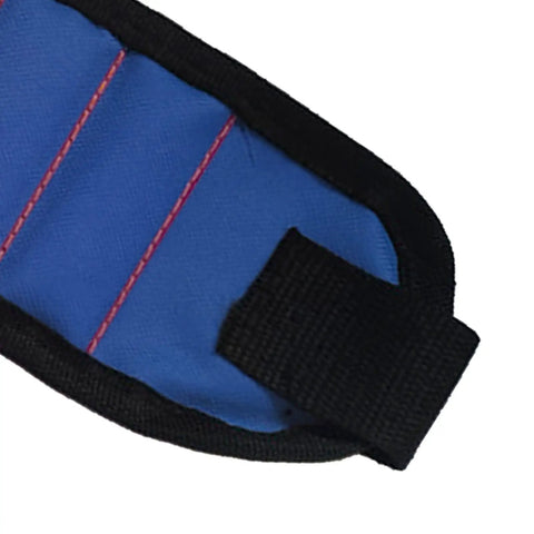Three Row Magnetic Wrist Tool Holder With Ultra Strong Grip For Screws Nails And Fasteners Hands Free Magnetic Wristband For DIY Pros Mechanics And Makers Deep Blue Finish, close-up blue strap