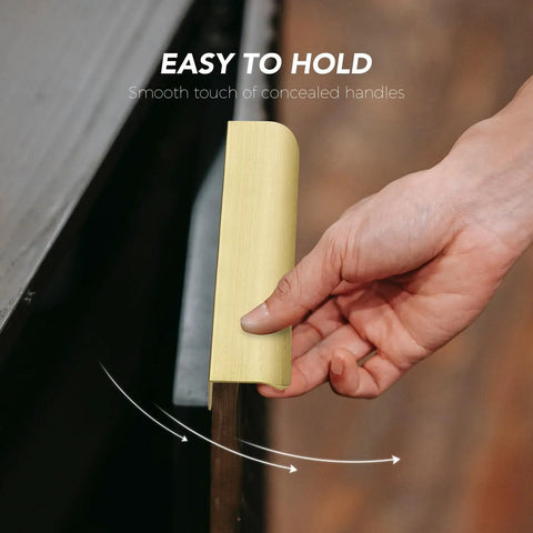 Top Shelf Gold Finger Pulls For Cabinets 40 Pack Slick Edge Drawer Handles With Smooth Operator Design Heavy Duty Zinc Alloy Build No Fuss Grab Rails, shown in use.