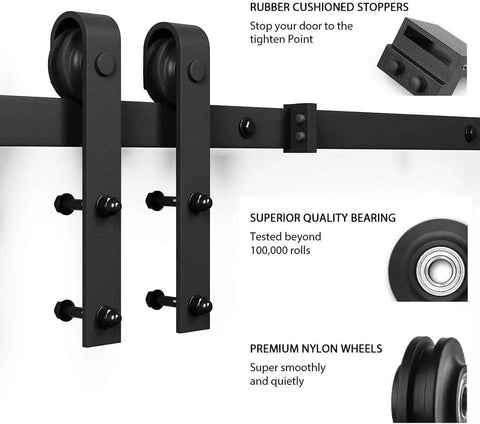 Pretty Dang Sleek Modern Glass Barn Door 36 By 84 Inches For Private Rooms Featuring Frosted Panels and Clear Glass To Keep Your Vibe Chill Plus Includes An Easy Slide Hardware Kit For Quick Setup showing black track with nylon wheels.