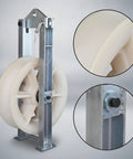 Built Like A Tank Heavy Duty Cable Pulley Block Featuring Galvanized Channel Steel Housing And A Smooth Rolling Nylon Wheel Made For Hard Overhead Line Rigging Without Breaking A Sweat, showing bolted frame and nylon wheel.