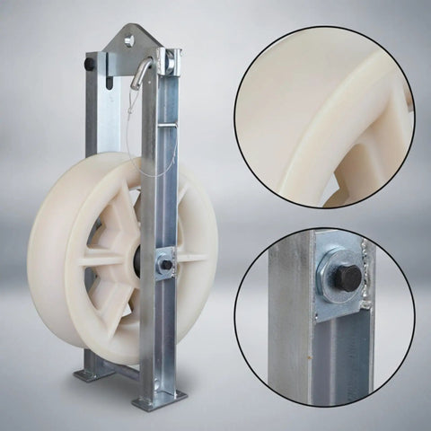 Built Like A Tank Heavy Duty Cable Pulley Block Featuring Galvanized Channel Steel Housing And A Smooth Rolling Nylon Wheel Made For Hard Overhead Line Rigging Without Breaking A Sweat, showing bolted frame and nylon wheel.