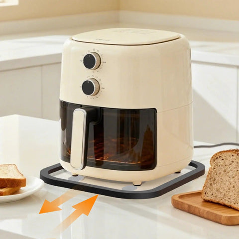 Slick Acrylic Appliance Slider With Smooth Gliding Wheels Move Coffee Makers And Air Fryers Without A Sweat Countertop Protector Dolly Protects Surfaces Zero Strain Kitchen Essential with air fryer on countertop.