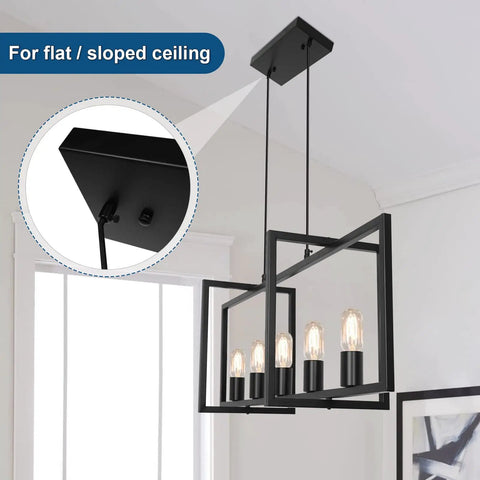 Modern Farmhouse Kitchen Island Chandelier with Industrial Matte Black Finish Open Geometric Frame 5 Light Island Light Fixture for Dining Room Kitchen and Living Room Adjustable Height for a Cool Rugged Yet Elegant Home Vibe hanging from ceiling in modern room