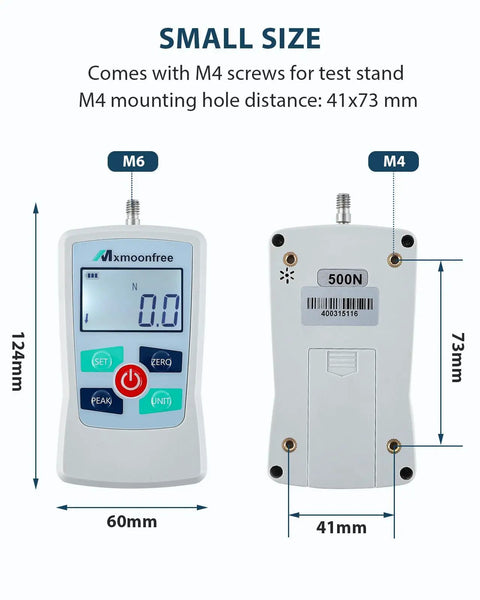 Hassle Free Digital Force Gauge And Heavy Duty Push Pull Tester Featuring 50 Newton Maximum Load, small size with display and mounting holes.