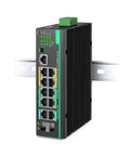 Ultimate Industrial 12-Port L2+ Cloud Managed PoE Switch with Redundant DC8-57V Power Input installed on a rail.