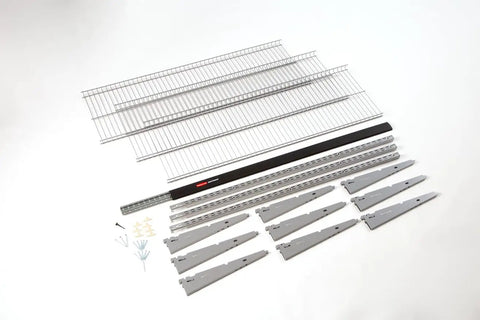 Customizable Wall Shelving System With Adjustable Hooks And Heavy Duty Rails For Garage Or Workshop Storage parts including wire shelves and mounting hardware.