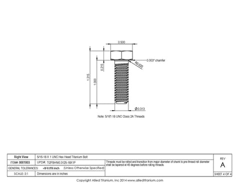 5/16-18 x 1 Inch UNC Titanium Hex Head Bolt with measurements and specifications, Grab A Fresh Pack Of 10 Boss Level 5/16-18 1 Inch UNC Titanium Hex Head Bolts Grade 2 CP That Are Truly Badass Stronger Lightweight Wreckers Of Rust Perfect For Saltwater Shores Heavy Duty Fasteners With Polished Shiny Look.