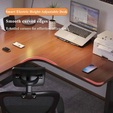 Supercharged Electric Height Adjustable Corner Desk With Ergonomic L Shaped Sit Stand Workstation For Home Office Dual Monitor Setup And Hella Smooth Glide showing smooth curved edges and rounded corners.