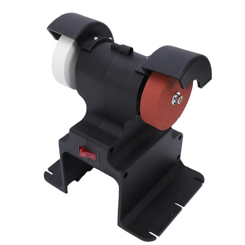 Rock Steady Mini Bench Grinder With 200 Watt Motor And 7000 RPM Spin showing compact design and dual grinder wheels for sharpening.