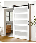 Premium Frosted Glass Sliding Barn Door Kit With Smooth Glide Hardware Plus Rustic Track System And No Sweat Setup installed in a modern room.