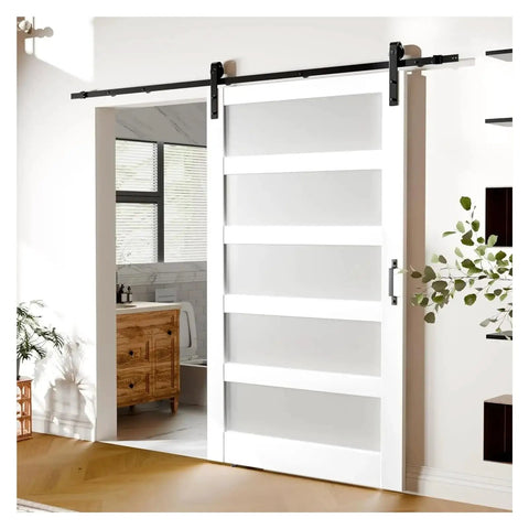 Frosted Sliding Barn Door With Full Hardware Kit Included Goes On Like Butter Smooth Glide Track For Modern Home Setup, installed in a stylish room.