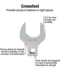 One Half Inch Drive Jumbo SAE Crowfoot Wrench Set From One Inch To One And Three Eighths Inch Go-To Tool For Tight Spaces And Easy Fastener Access Fully Polished Chrome Plated Seven Piece With Storage Rail, displaying 1-1/2 in chrome crowfoot with annotations on strength and durability.