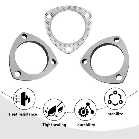 Premium Stainless Steel 3 Inch Exhaust Flange Gasket Repair Kit With Heavy Duty Bolts showing three triangle gaskets.