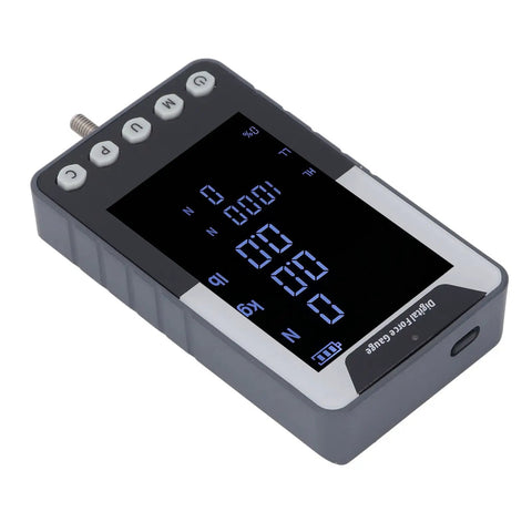 Straight Shooting Digital Force Gauge And Push Pull Meter For Tension And Pressure Testing With 10N Capacity, displaying readings on color screen.