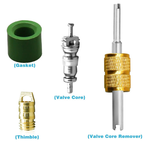 Components of Pro Grade Mini Split Adapter Kit Five Sixteenths To One Quarter Coupler With Valve Core Remover