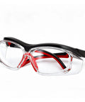 Anti Fog Scratch Resistant Safety Goggles With UV400 Lens Coating And HD Optics Deliver Pristine Sight For Daily Grind Featuring adjustable temples and red frame.