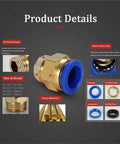 50Pcs Pneumatic Fitting Air Connector Set With 4mm, 6mm, 8mm, 10mm, And 12mm Hose Fittings And 1/8 Inch To 1/2 Inch Thread Quick Connectors For Air Tools, Garage DIY, And Plumbing Projects brass fitting with blue release ring and threaded end