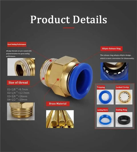 50Pcs Pneumatic Fitting Air Connector Set With 4mm, 6mm, 8mm, 10mm, And 12mm Hose Fittings And 1/8 Inch To 1/2 Inch Thread Quick Connectors For Air Tools, Garage DIY, And Plumbing Projects brass fitting with blue release ring and threaded end