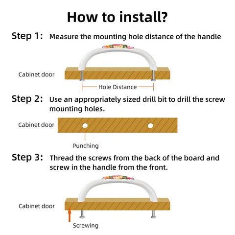 How to install cabinet handles with steps: measuring distance, drilling holes, threading screws for durable white crystal knobs.