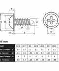 Technical drawing of Fifty Piece Black Oxide Phillips Wafer Head Self Tapping Screws for Plastics and Electronics with sizes.