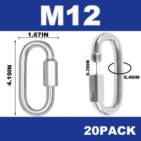 Bombproof Heavy Duty Locking Carabiner Quick Links 4.19 Inch Silver M12 Steel Chain Hooks, dimensions shown.