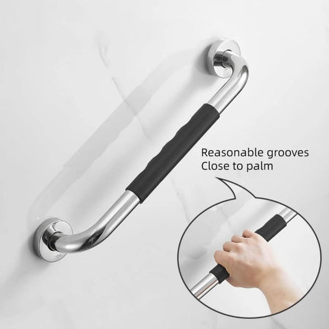 Rock Solid Stainless Steel Shower Grab Bars Two Pack With Thick Silicone Anti Slip Sleeve That Cradles Your Hand For Totally Secure Bathroom Safety Rails And Zero Sweat Grip, showing grip design and installation.